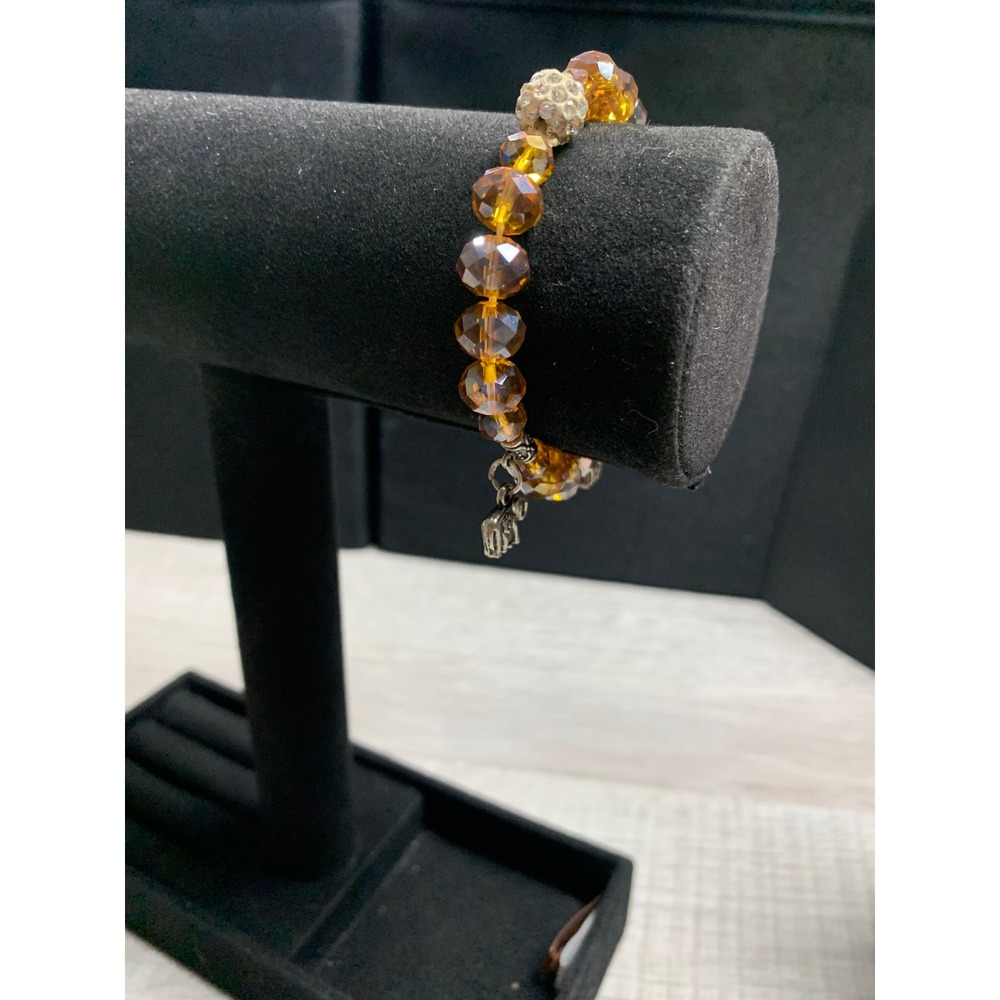 Amber Glass Bead Stretch Bracelet Silver Elephant Charms Rhinestone Pavé Bead